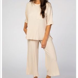 PinkBlush Cream Ribbed Maternity Sleep Set, Size Large